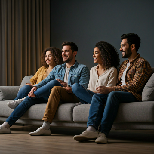 Friends gathered on a comfortable modern sofa in a softly lit, inviting living room, smiling while watching a movie on a large TV screen